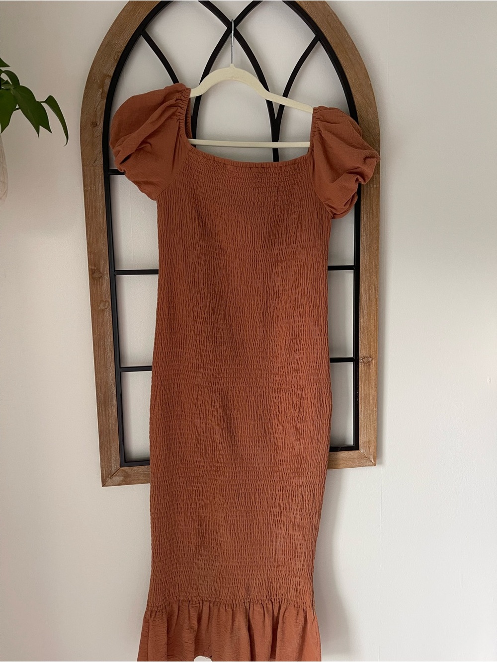 Baltic Born Rust Puff-Sleeve Smocked Midi Dress